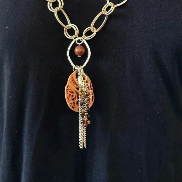 Chico's Gold Tone Long Circle Oval Chain Link Statement Necklace Y Chain - Picture 2 of 6